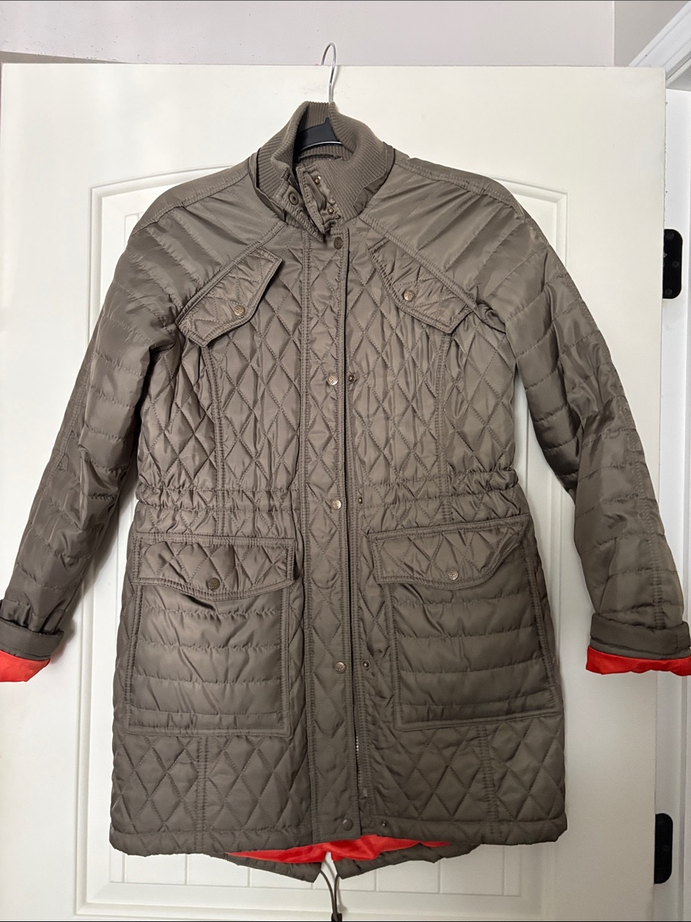 Vince Camuto Olive Green Quilted Long Coat with Orange Lining